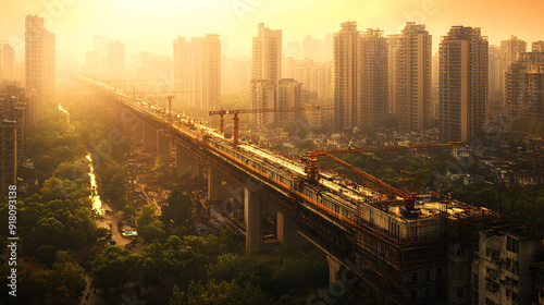 Large Construction Site with Cranes and Workers Building a Bridge Showcasing China's Belt and Road Initiative Collaboration