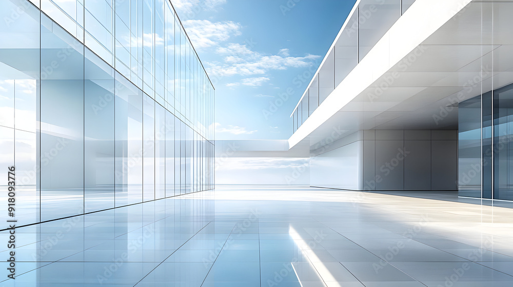 Modern building exterior with glass facade and tiled floor. Modern building exterior with glass facade and tiled floor.