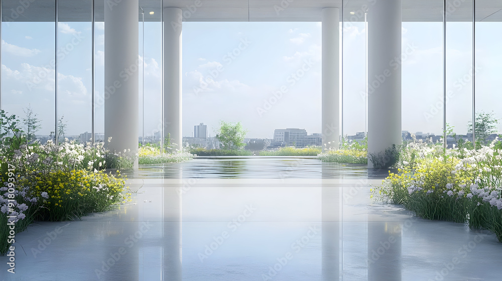 Modern building with a city view and a garden. Modern building with a city view and a garden.