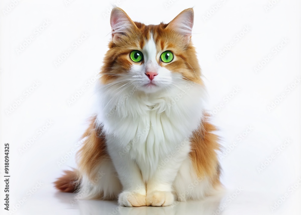Φωτογραφία Adorable white and red fur cat with bright green eyes and cute whiskers sitting on a clean white background, perfect for banners and designs