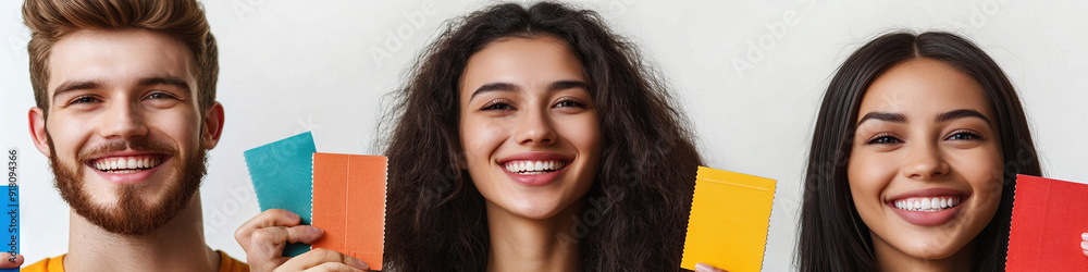 Ticket Solutions: A group of smiling individuals holding various sizes of tickets in front of a plain, white background. Ticket Solutions: A group of smiling individuals holding various sizes of tickets in front of a plain, white background.