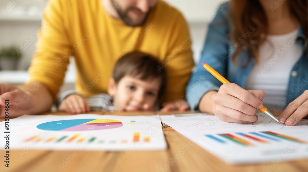 Strategic Family Budgeting Session with Colorful Charts and Graphs on Kitchen Table Strategic Family Budgeting Session with Colorful Charts and Graphs on Kitchen Table