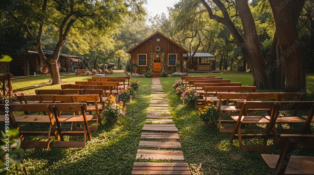 Garden wedding with lush green plants and classic wooden chairs Garden wedding with lush green plants and classic wooden chairs