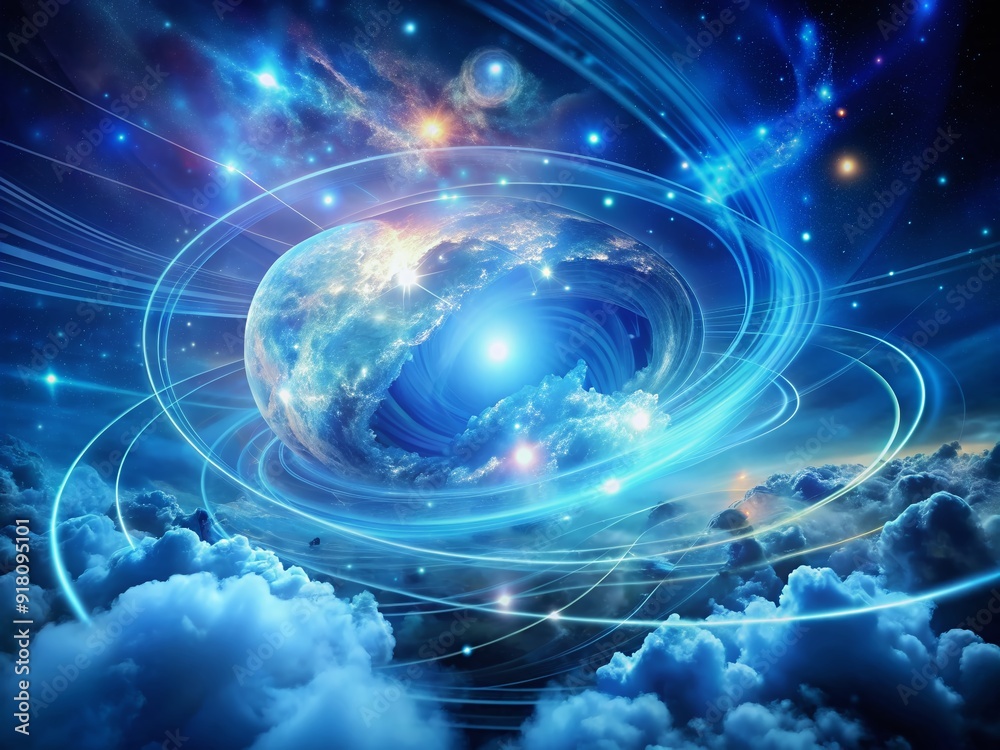 Ethereal blue glow envelops swirling cosmic clouds, intersecting orbits, and futuristic circuits, crafting a dreamy, otherworldly atmosphere perfect for representations of creativity and imagination. Ethereal blue glow envelops swirling cosmic clouds, intersecting orbits, and futuristic circuits, crafting a dreamy, otherworldly atmosphere perfect for representations of creativity and imagination.