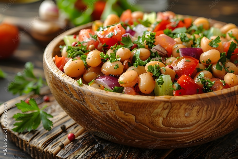 Healthy Chickpea Salad with Fresh Vegetables and Herbs in Wooden Bowl for Summer Picnic and Healthy Eating Healthy Chickpea Salad with Fresh Vegetables and Herbs in Wooden Bowl for Summer Picnic and Healthy Eating