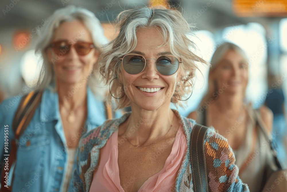 Group of Happy Middle-Aged Women Walking at Airport in Summer Wearing Sunglasses and Smiling Group of Happy Middle-Aged Women Walking at Airport in Summer Wearing Sunglasses and Smiling