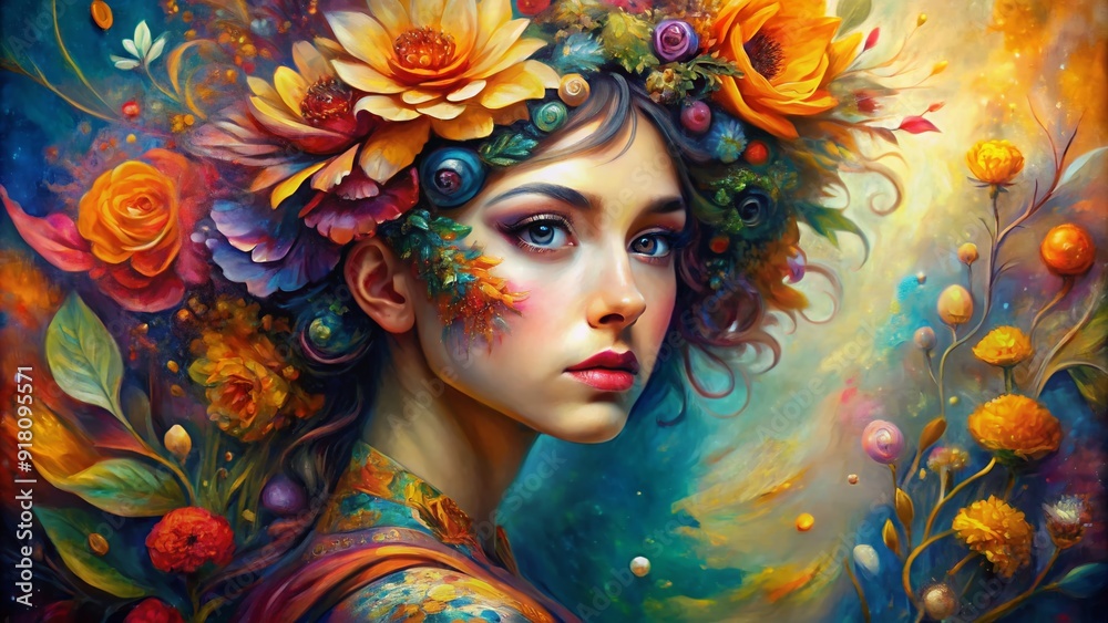 Φωτογραφία Vibrant oil painting of abstract flower-adorned background with swirling colors and textures, featuring a stylized, dreamy, modern art portrait of a young woman's face