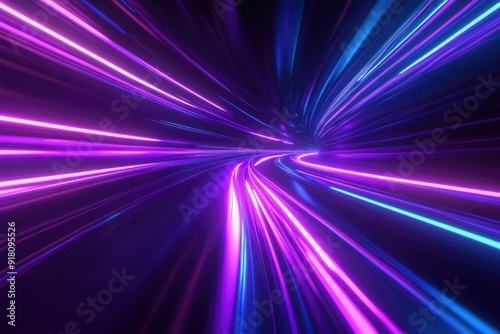 3d Render, Blue purple speed light line through dark background, abstract fast highway patch, hyper speed warp in space with generative ai