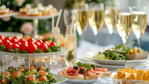 Luxury Snack table ready for event. Food and drink catering. Festively decorated beautiful big table full of food ready for guests.Horizontal color photography.