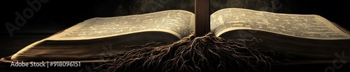 Unshakeable Foundations of Faith: The Cross and Its Roots in an Open Bible, Symbolizing the Immutable Principles and Core Tenets of Christian Belief. photo