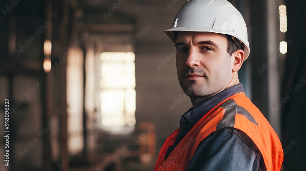 Male construction worker wearing a white hard hat and orange safety vest at a construction site. Male construction worker wearing a white hard hat and orange safety vest at a construction site.