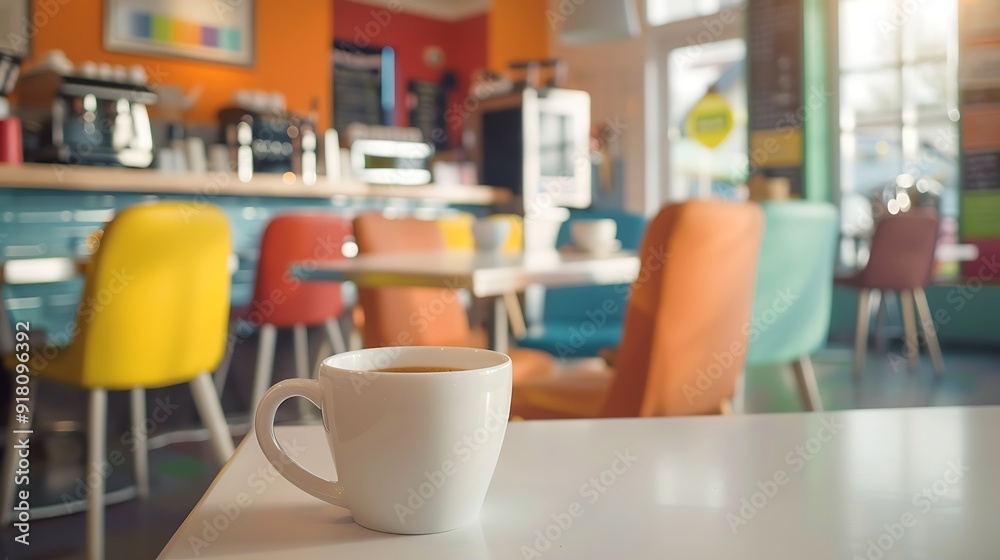 Pictorial photograph of a white coffee cup in a modern coffee shop setting, showcasing cool colors and harmonious design Pictorial photograph of a white coffee cup in a modern coffee shop setting, showcasing cool colors and harmonious design