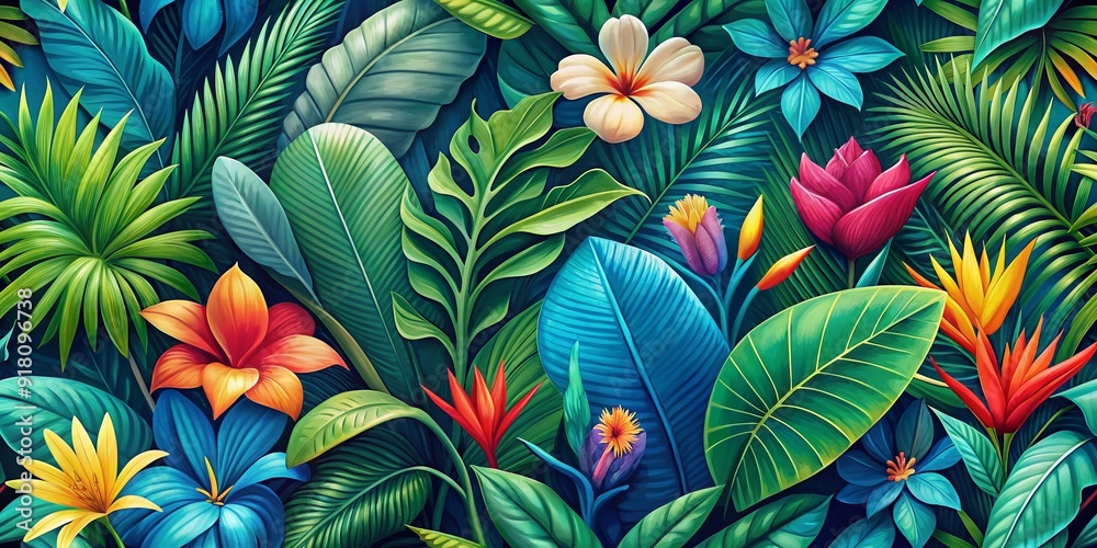 Vibrant green and blue hues form a stunning tropical background with lush oversized leaves and exotic flowers, perfect for summer themed designs and projects. Vibrant green and blue hues form a stunning tropical background with lush oversized leaves and exotic flowers, perfect for summer themed designs and projects.