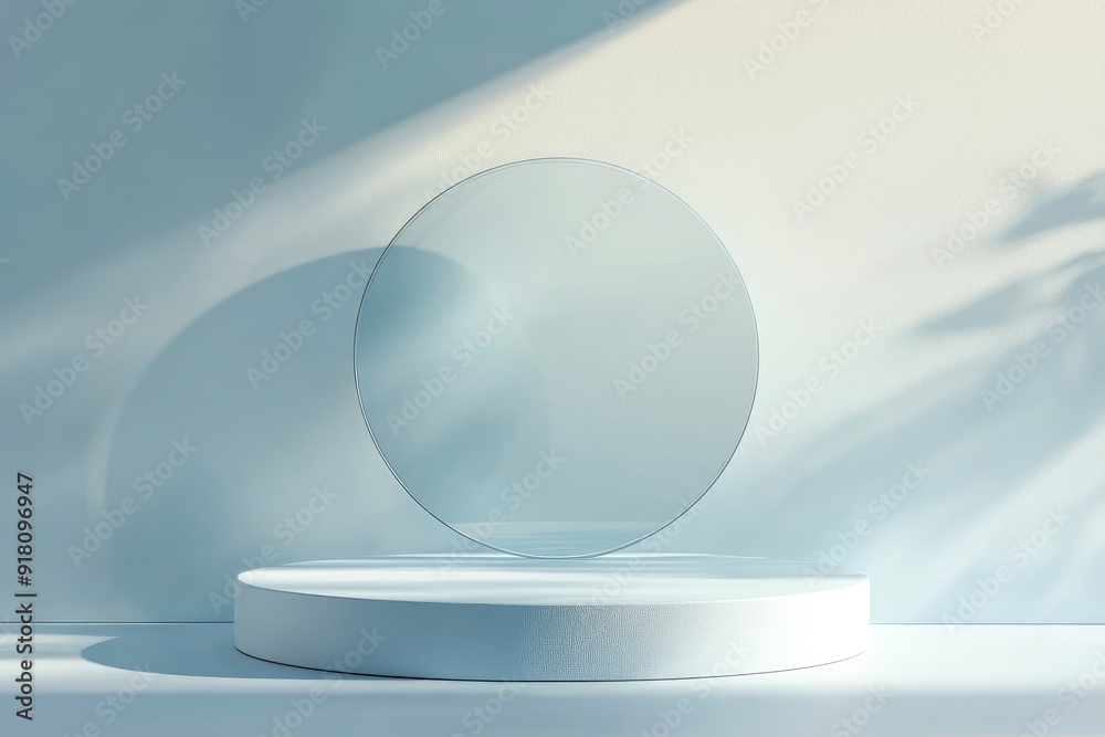 3D blue podium stand with circle glass backdrop is perfect for modern interior concept product display mockups. with generative ai 3D blue podium stand with circle glass backdrop is perfect for modern interior concept product display mockups. with generative ai