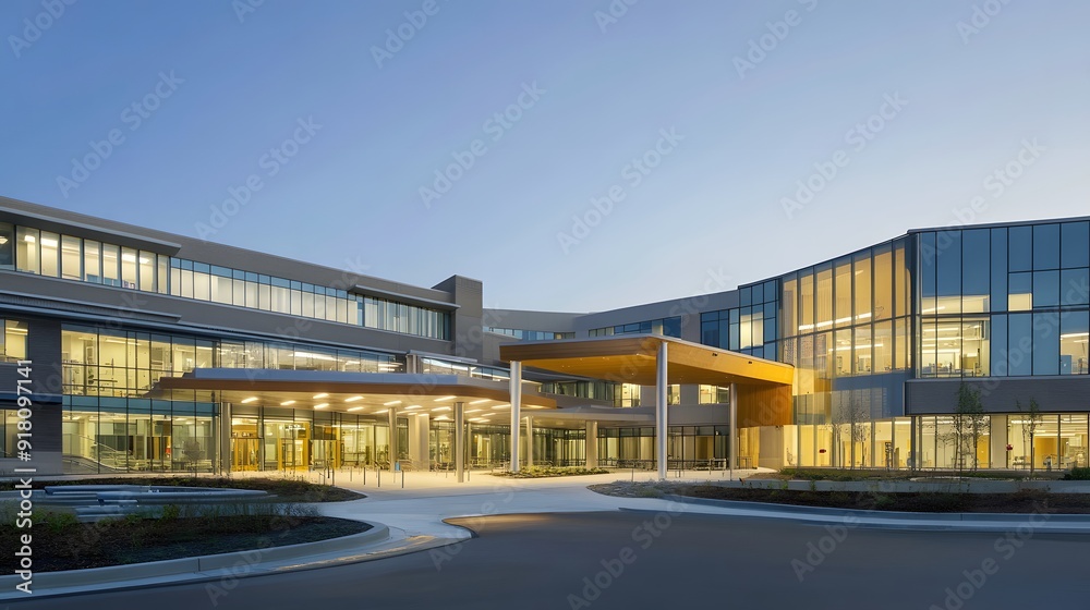 Modern hospital facade with large glass windows and sleek architectural design at dusk. Modern hospital facade with large glass windows and sleek architectural design at dusk.