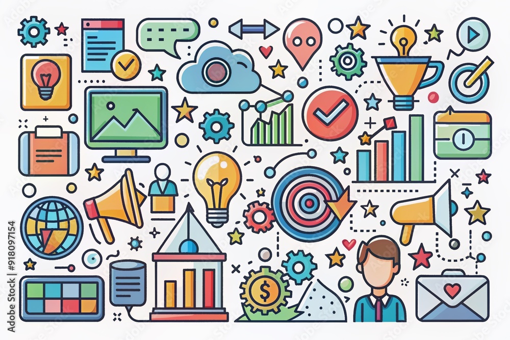 Φωτογραφία Colorful hand-drawn digital marketing doodle set featuring various line art illustrations of icons, symbols, and graphics for online promotions and social media campaigns