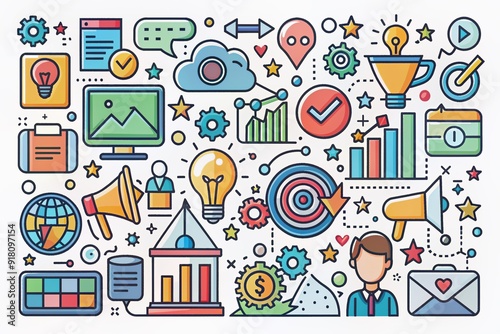 Colorful hand-drawn digital marketing doodle set featuring various line art illustrations of icons, symbols, and graphics for online promotions and social media campaigns.