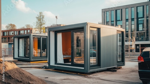 Portable home and office cabins set up at a construction site, providing a flexible and mobile workspace solution. photo