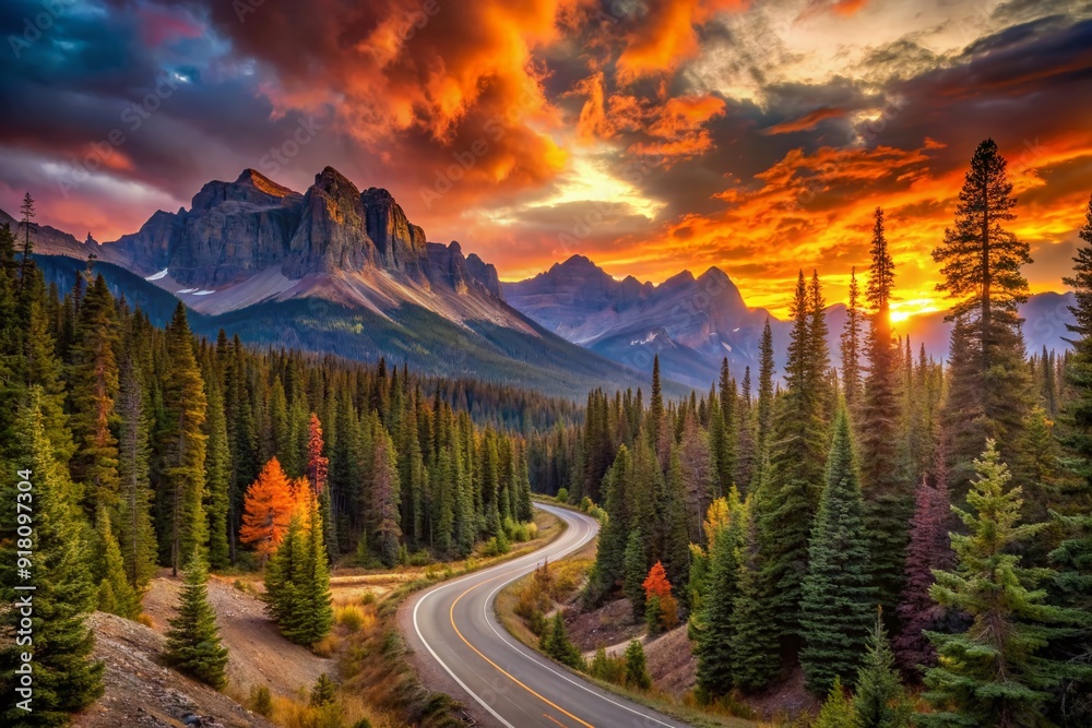Φωτογραφία Winding road curves through a dramatic landscape of towering trees, rugged mountains, and fiery sunset hues, beckoning exploration and adventure in this vast wilderness scene