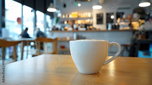 Pictorial photograph of a white coffee cup in a modern coffee shop setting, showcasing cool colors and harmonious design