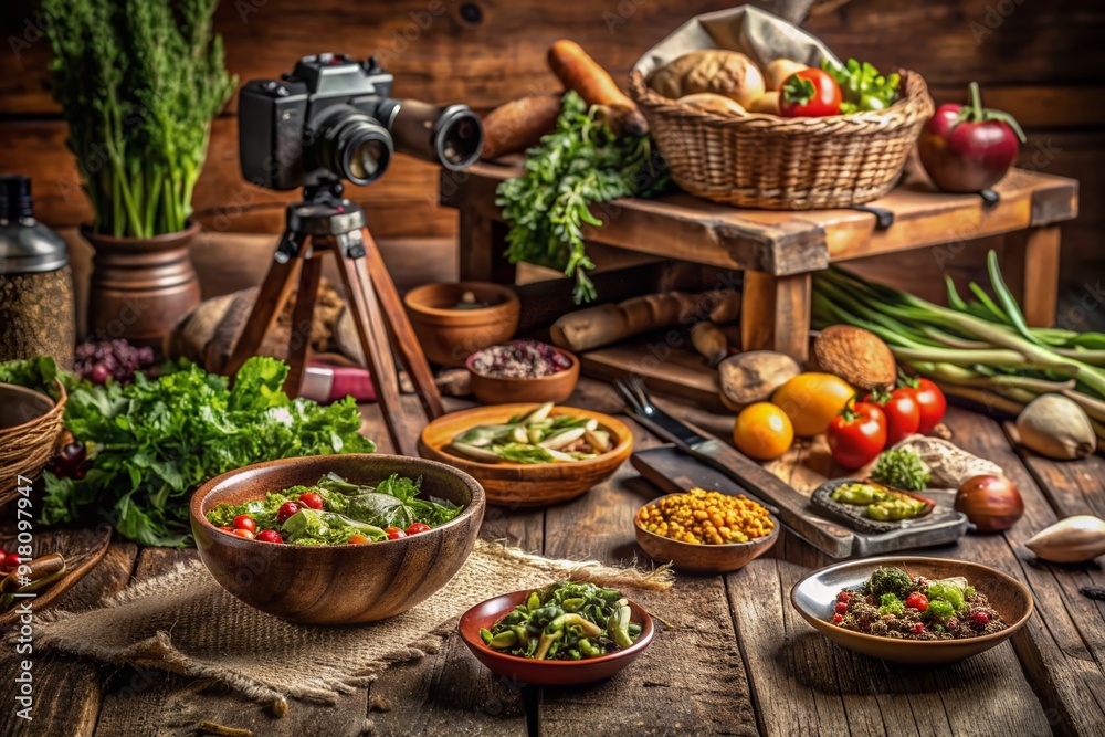 Earthy tones and natural textures evoke a cozy atmosphere in this rustic food photography setup, highlighting the organic essence of the freshly prepared cuisine. Earthy tones and natural textures evoke a cozy atmosphere in this rustic food photography setup, highlighting the organic essence of the freshly prepared cuisine.