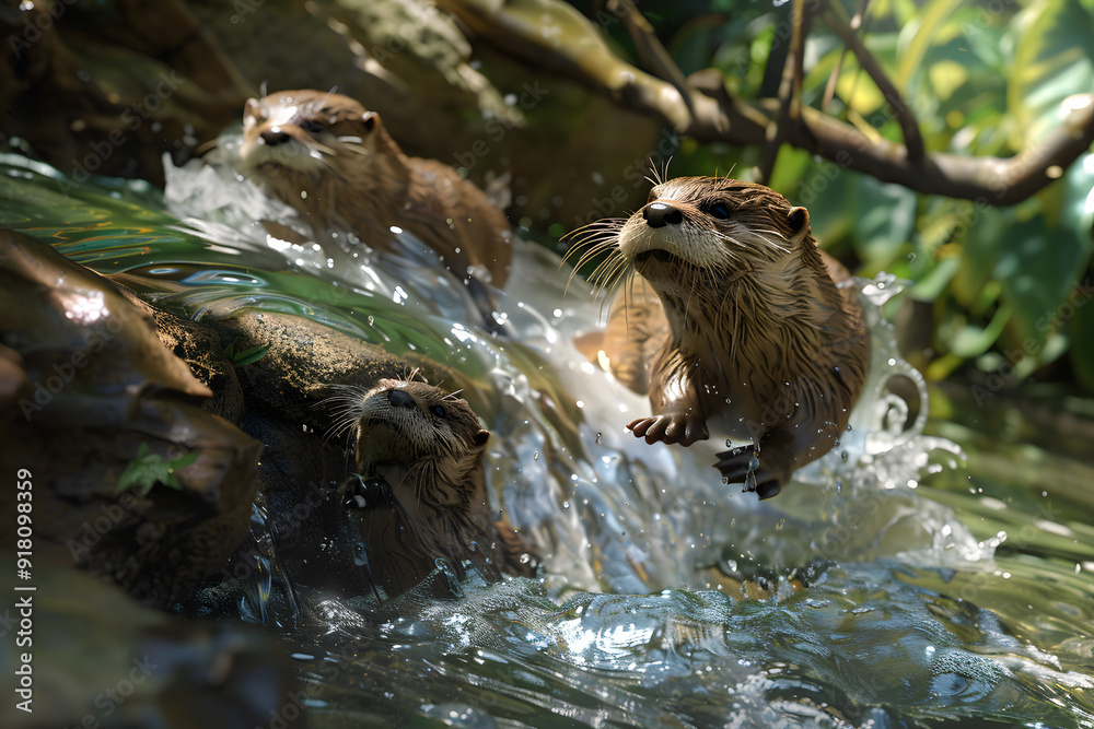 A group of playful otters splashing in a serene river, showcasing their energetic nature amidst lush green foliage. A group of playful otters splashing in a serene river, showcasing their energetic nature amidst lush green foliage.