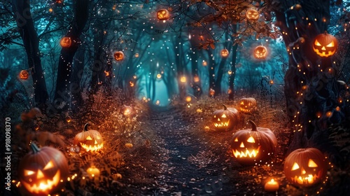 A spooky  enchanted forest path lined with glowing jack-o -lanterns.