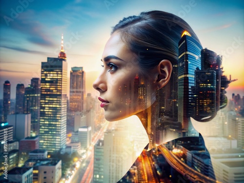 Cityscape silhouette merges with portrait of woman's face, blurring lines between urban grit and human emotion, abstractedly capturing modern life's complexity. photo