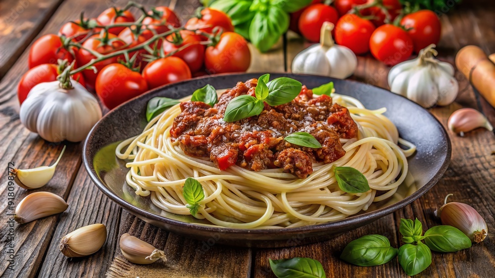 Φωτογραφία Juicy plate of spaghetti bolognese loaded with rich meat sauce, topped with grated cheese, fresh basil, surrounded by ripe tomatoes and aromatic garlic cloves