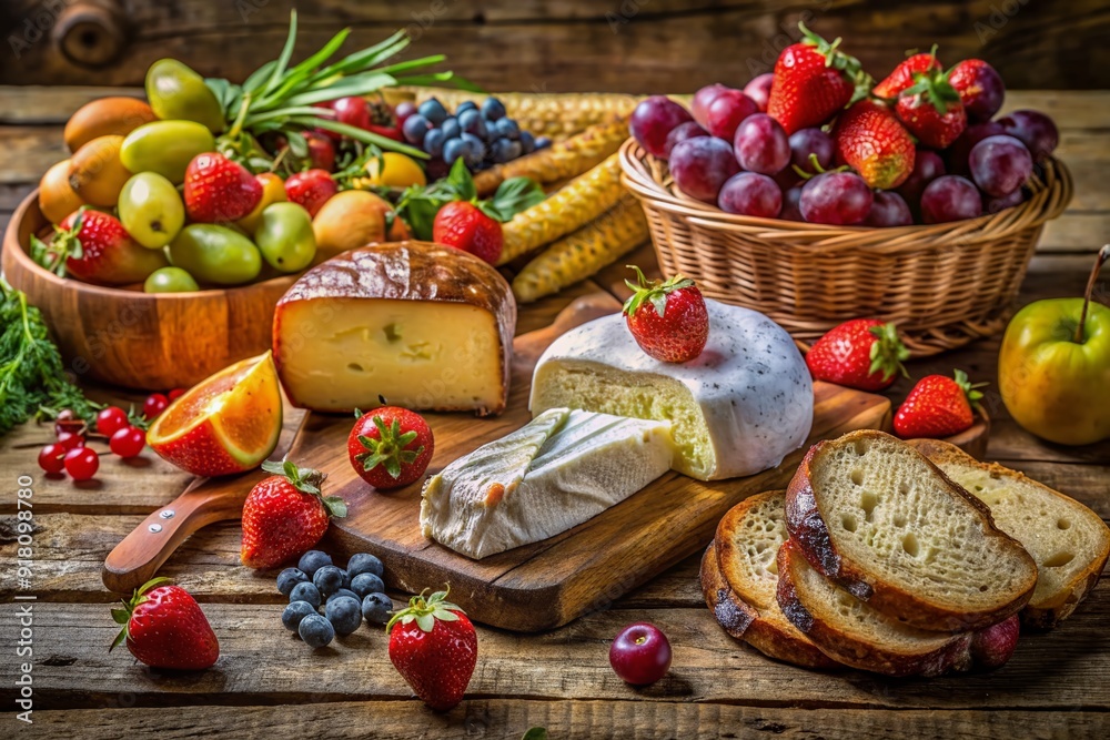 Vibrant combination of fresh fruit, artisanal cheese, and crusty bread creates a mouthwatering still life against a warm, rustic wooden table background. Vibrant combination of fresh fruit, artisanal cheese, and crusty bread creates a mouthwatering still life against a warm, rustic wooden table background.