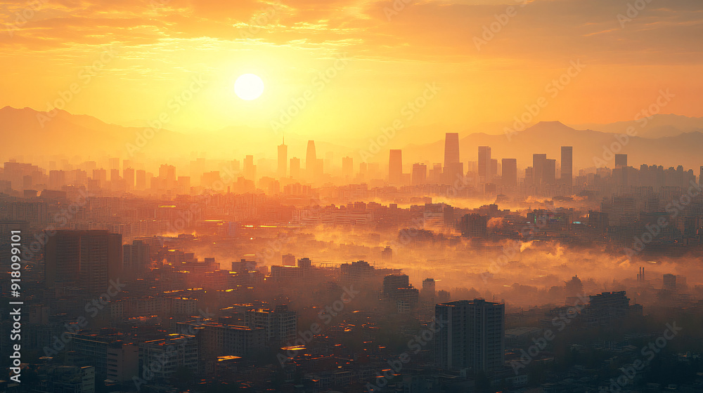 Fototapeta premium Smog-Covered City Skyline with Barely Visible Skyscrapers Illustrating Environmental Challenges of Industrialization