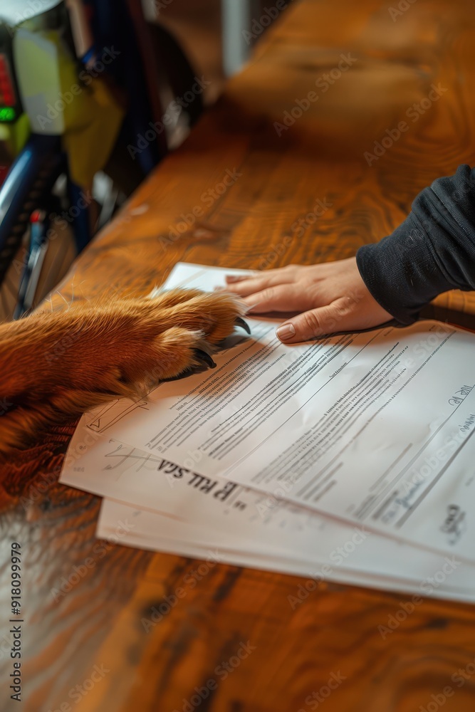 Naklejka premium Signing a pet medical insurance contract. Contract form, person's hand and dog, dog's paw on the table. Animal life insurance, pet care, animal protection.