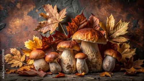 Autumnal still life featuring Porcini mushrooms arranged with rust-hued leaves on a dark, textured background, evoking a rustic, seasonal atmosphere with ample space.