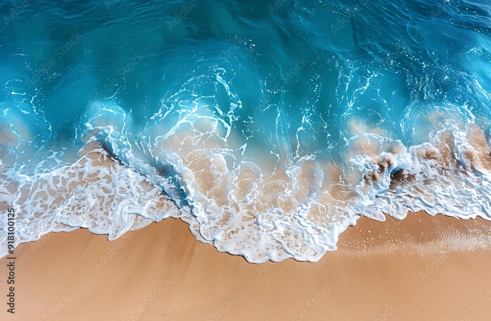 Pictorial photograph capturing the top view of a clean sand beach with the top half showcasing the sand and the bottom half featuring a soft blue sea wave Pictorial photograph capturing the top view of a clean sand beach with the top half showcasing the sand and the bottom half featuring a soft blue sea wave