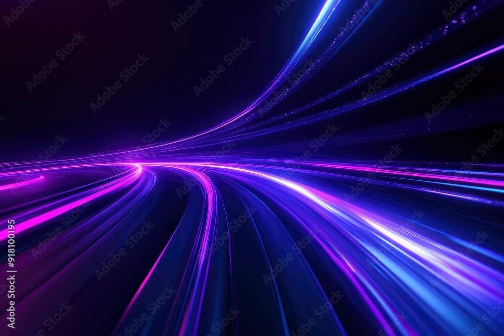 3d Render, Blue purple speed light line through dark background, abstract fast highway patch, hyper speed warp in space with generative ai