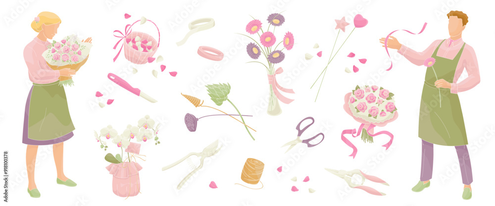 florist male and female characters and set element florist tools and accessories flowers bouquets knife cutter scissor florist male and female characters and set element florist tools and accessories flowers bouquets knife cutter scissor