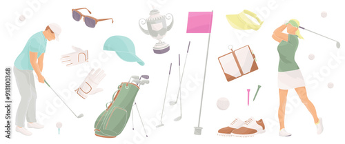 golf players male and female characters and set elements about golf - clubs, shoes, flag, sunglasses, competition cup, gloves, golf bag, ball, clash notebook