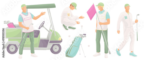 golf club staff  male caddie, golf cart, caddy man with flag, golf ball, clubs, golf bag