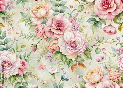 Wallpaper Mural Delicate pink roses and multi-motif flowers intertwine in a romantic watercolor seamless pattern on a soft, distressed vintage background with an elegant hand-drawn feel. Torontodigital.ca