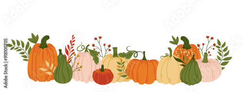 Colorful Pumpkins and Autumn Leaves. Thanksgiving Harvest Fall Pumpkin Holiday Food