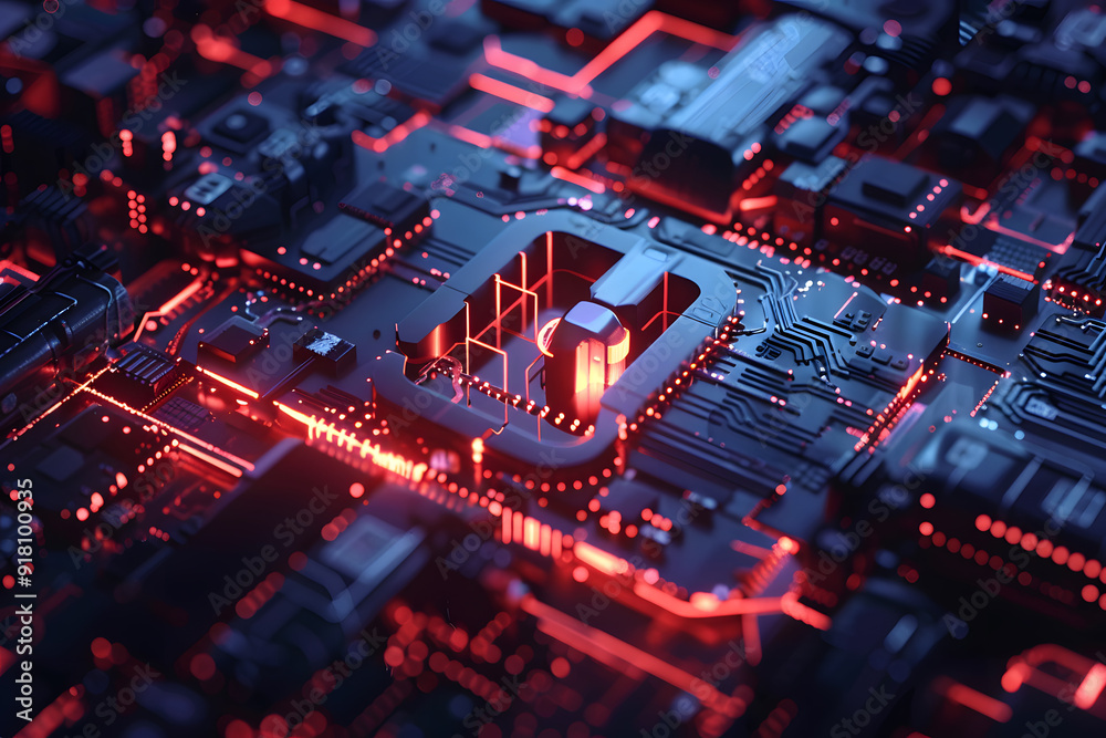 Close-up of a futuristic circuit board with glowing red highlights, showcasing intricate electronic components. Close-up of a futuristic circuit board with glowing red highlights, showcasing intricate electronic components.