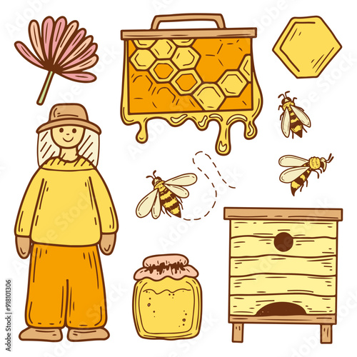 Honey apiary doodle clipart. Sweet farm, beekeeper, bee, wax, hive. Hand drawn vector flat illustration. Large set of elements.
