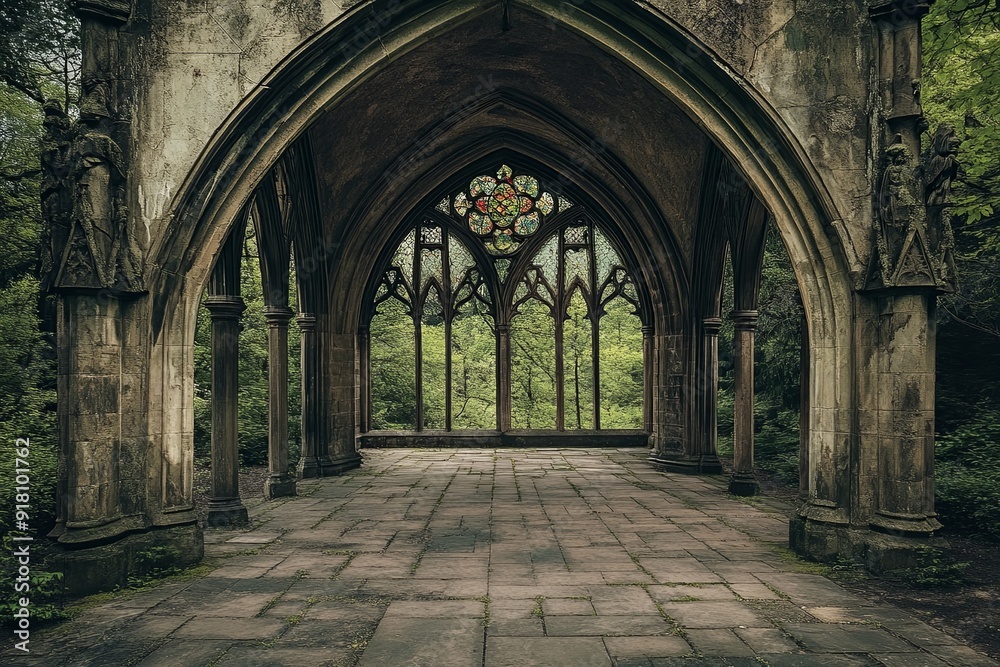 Fototapeta premium A closed Gothic archway is framed by vibrant greenery in a tranquil forest. Generative AI