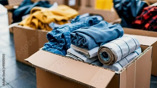Folded clothes packed in a cardboard box.