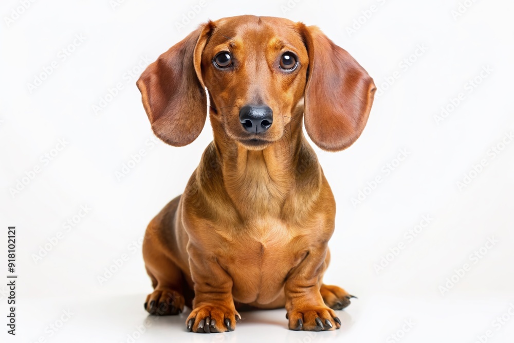 Adorable brown dachshund dog with floppy ears and cute expression sitting alone on a clean white background, showcasing its unique body shape and friendly nature. Adorable brown dachshund dog with floppy ears and cute expression sitting alone on a clean white background, showcasing its unique body shape and friendly nature.