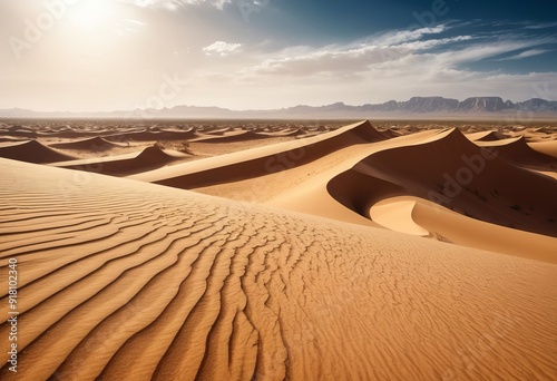 A surreal desert landscape with rolling sand dunes,