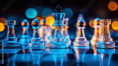 A chess board with a blue king and white pawns