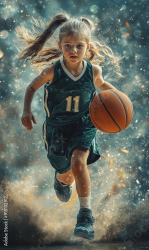 Young basketball player playing basketball in a basketball arena