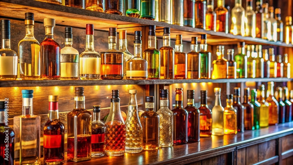 Colorful array of glass bottles filled with whiskey, rum, and liqueurs adorn wooden shelves, bathing in warm light, evoking nostalgic sophistication in a classic bar setting. Colorful array of glass bottles filled with whiskey, rum, and liqueurs adorn wooden shelves, bathing in warm light, evoking nostalgic sophistication in a classic bar setting.