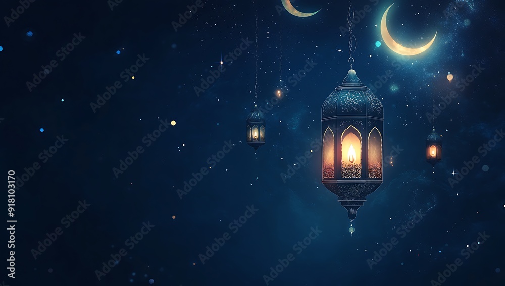 Fototapeta premium Eid Mubarak and Ramadan Kareem greetings with an Islamic background